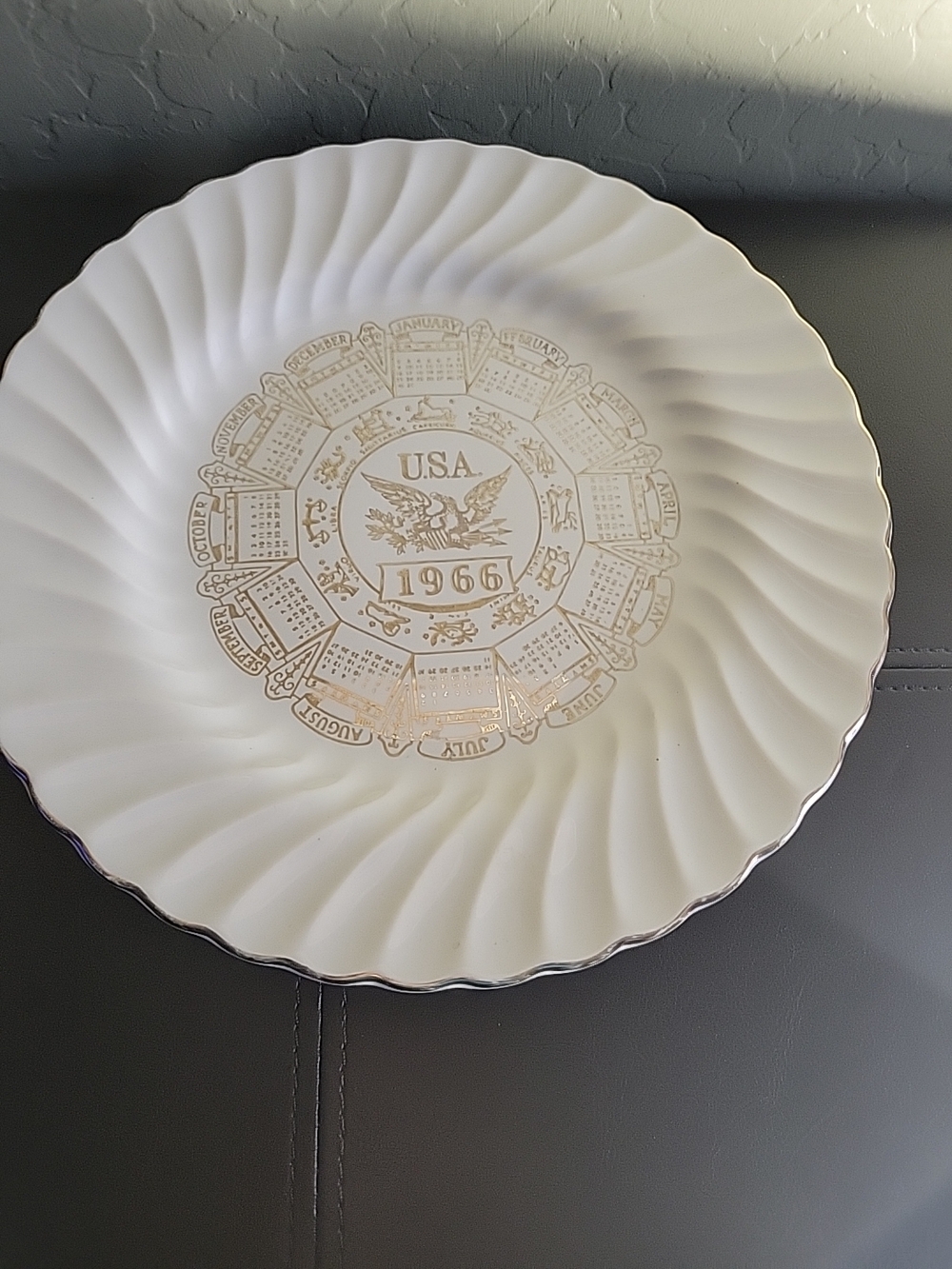Vintage USA 1966 Decorative White Ceramic Plate with Gold Accents